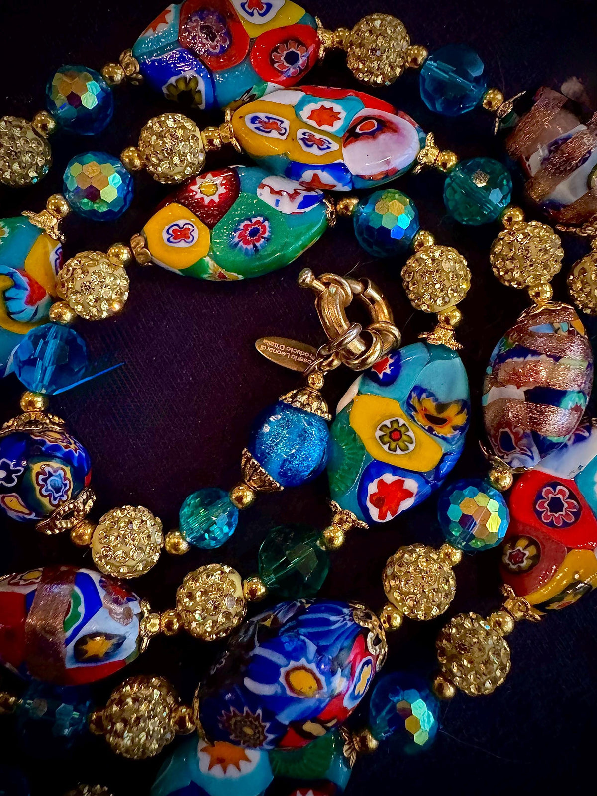 Rosario Leonardi Aqua Vintage Flat Oval “Snowshoe Millefiori” Beaded 34” Necklace