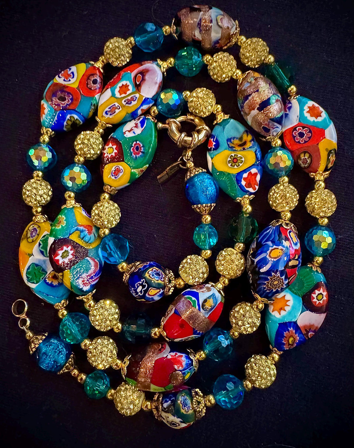 Rosario Leonardi Aqua Vintage Flat Oval “Snowshoe Millefiori” Beaded 34” Necklace