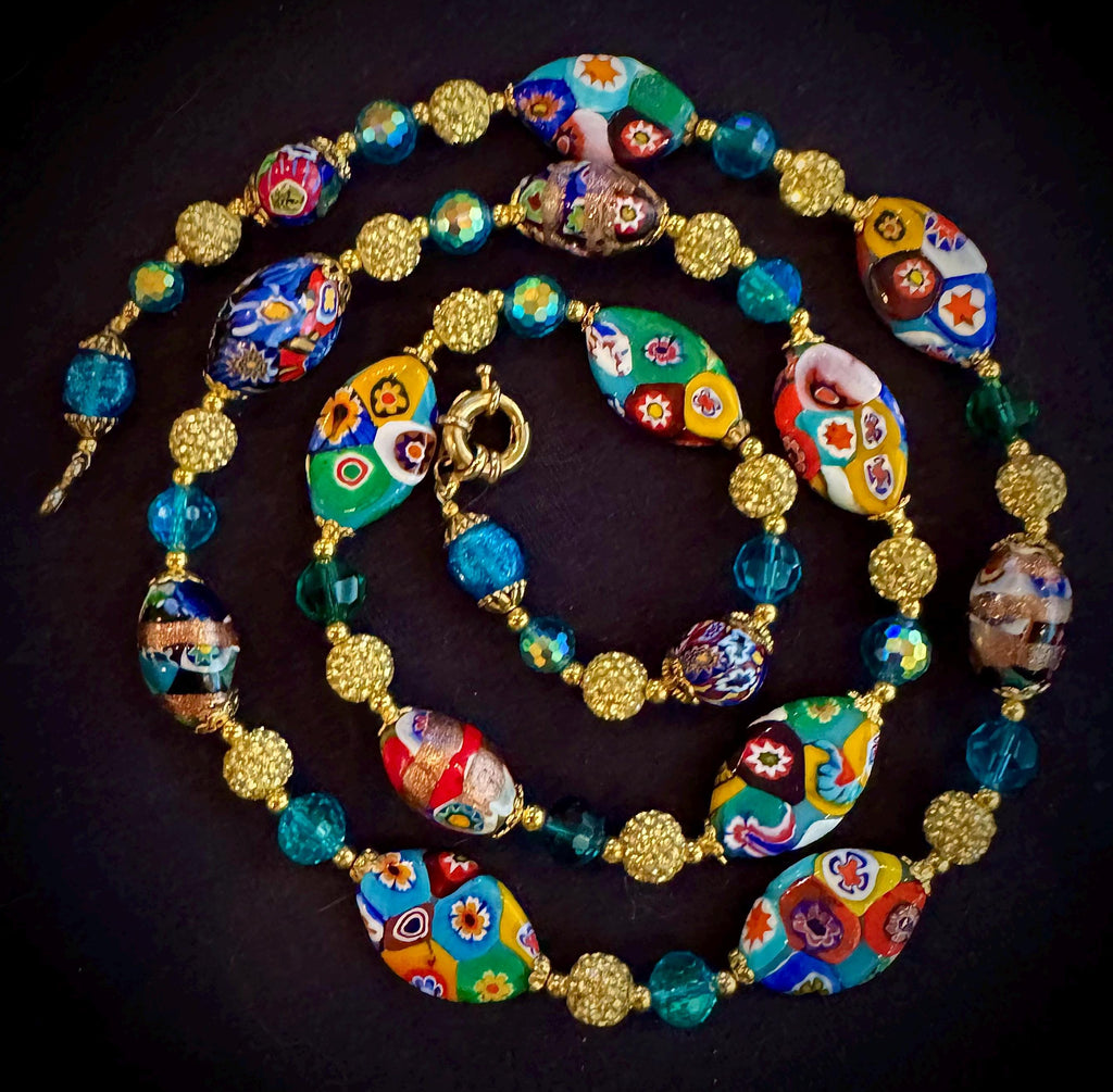 Rosario Leonardi Aqua Vintage Flat Oval “Snowshoe Millefiori” Beaded 34” Necklace