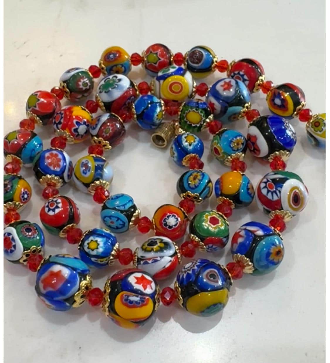 Vintage Murano Millefiori Glass Necklace: Rainbow Red Graduated Beads