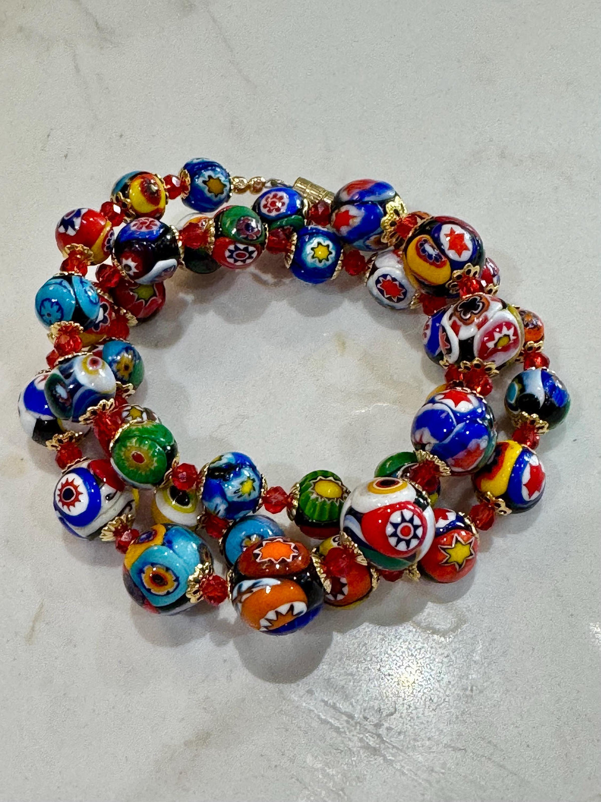 Vintage Murano Millefiori Glass Necklace: Rainbow Red Graduated Beads