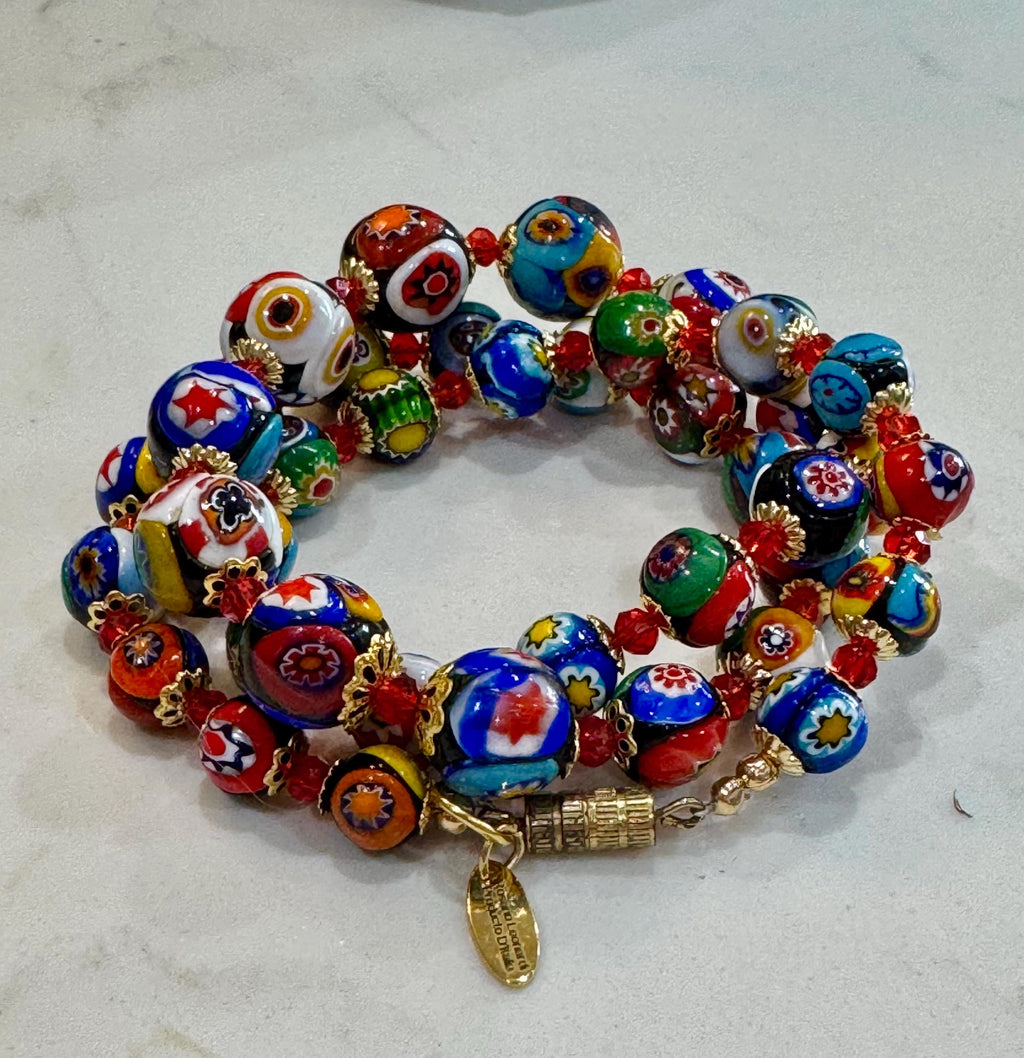Vintage Murano Millefiori Glass Necklace: Rainbow Red Graduated Beads