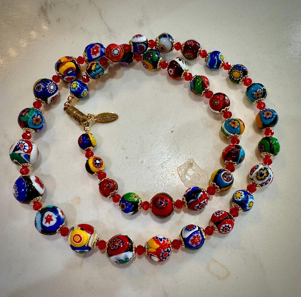 Vintage Murano Millefiori Glass Necklace: Rainbow Red Graduated Beads