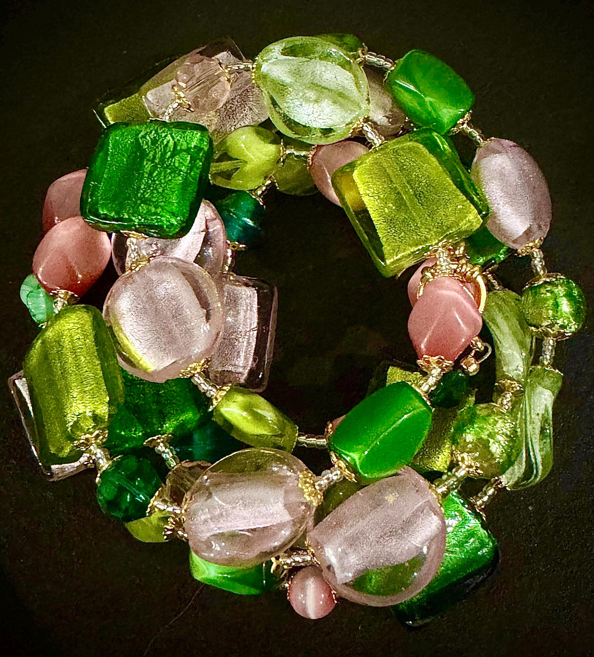 Rosario Leonardi Pink and Green Murano Glass Necklace using Antique Beads