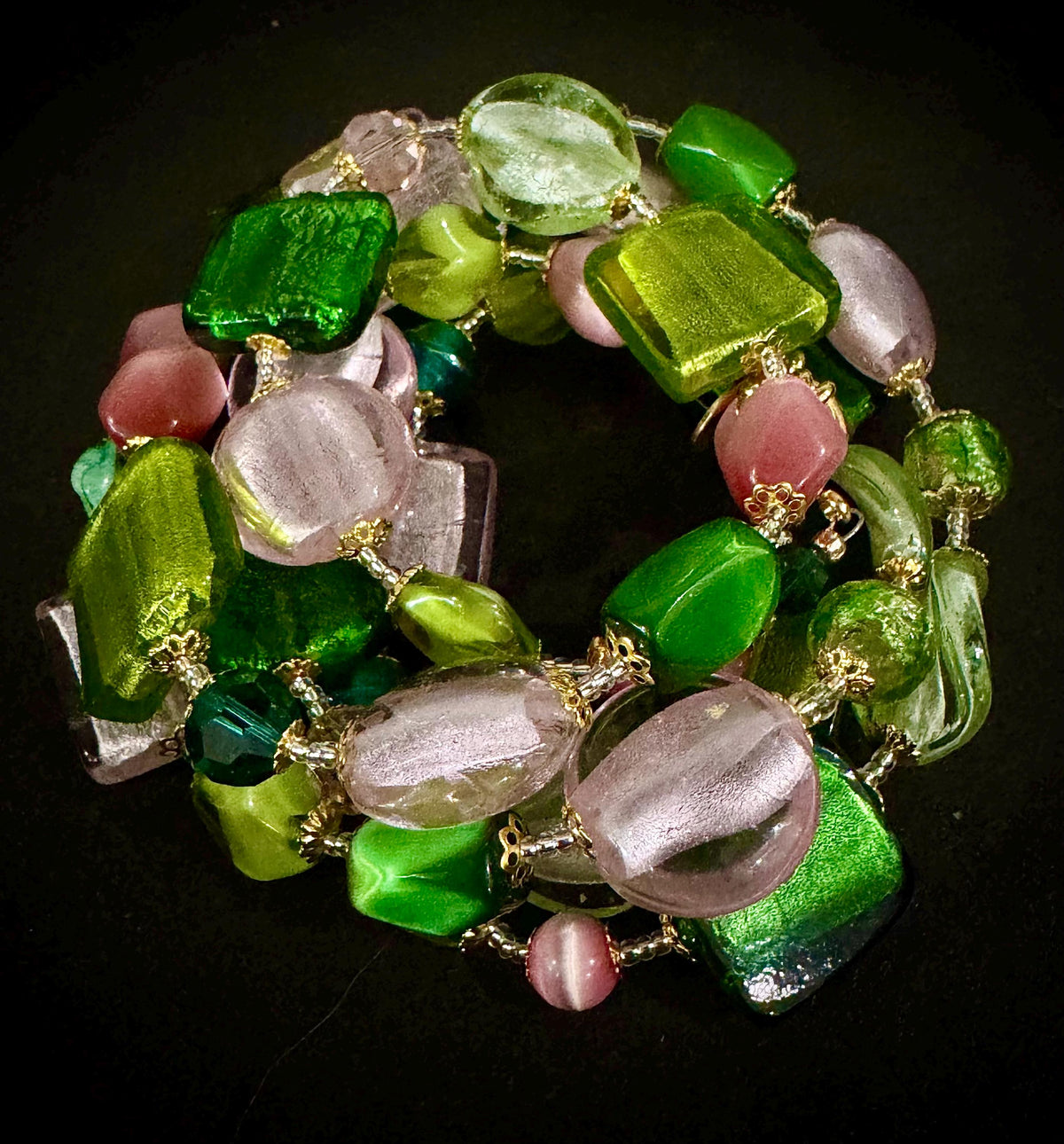 Rosario Leonardi Pink and Green Murano Glass Necklace using Antique Beads