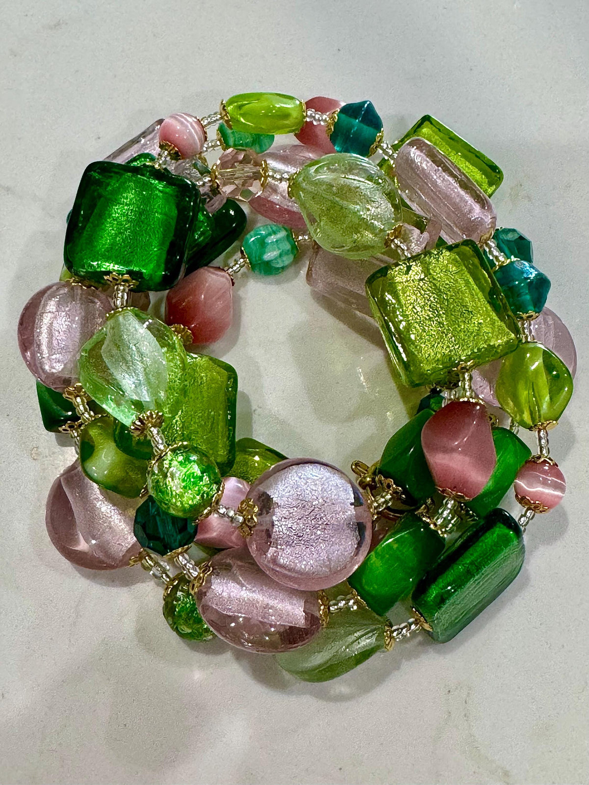 Rosario Leonardi Pink and Green Murano Glass Necklace using Antique Beads