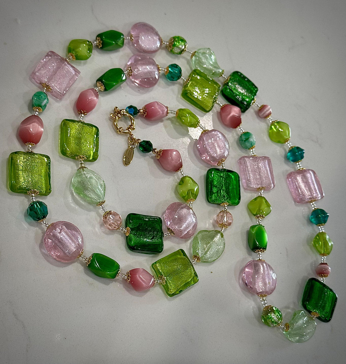 Rosario Leonardi Pink and Green Murano Glass Necklace using Antique Beads