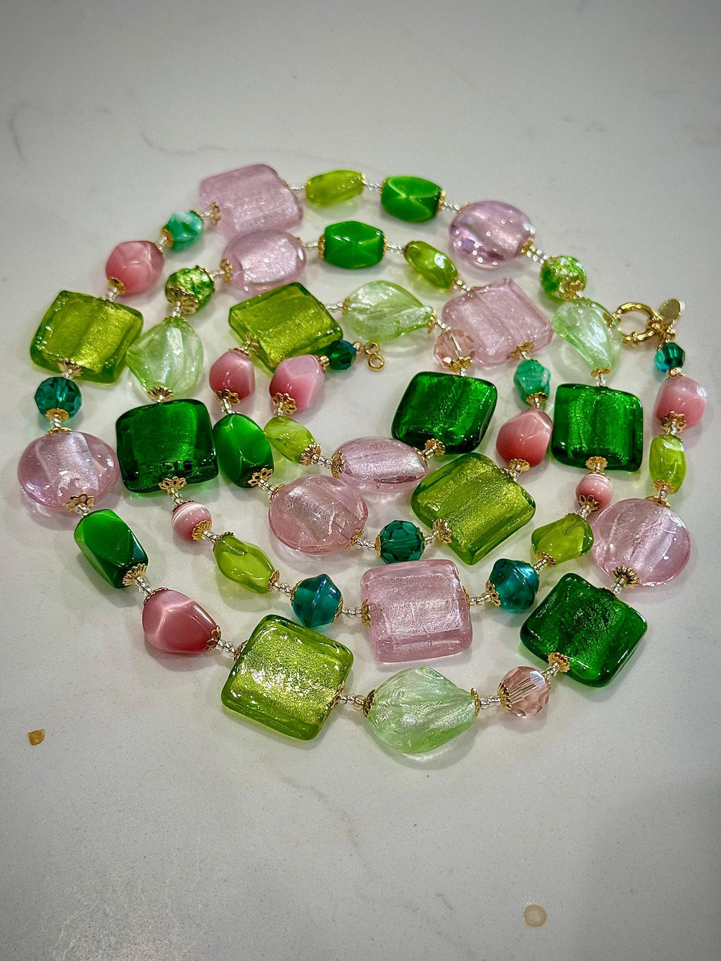 Rosario Leonardi Pink and Green Murano Glass Necklace using Antique Beads