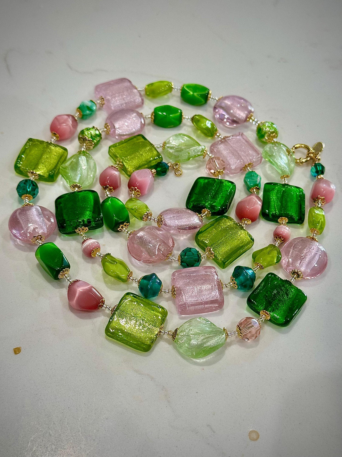 Rosario Leonardi Pink and Green Murano Glass Necklace using Antique Beads