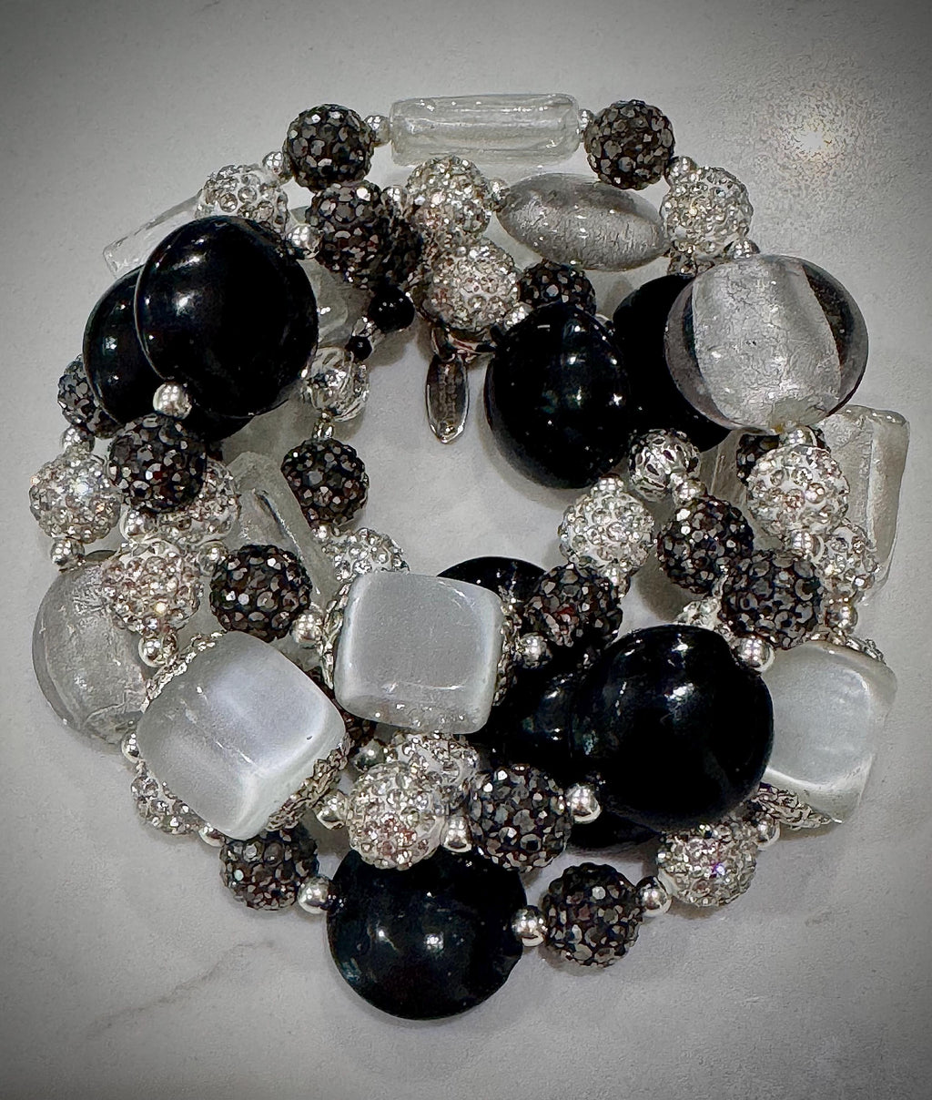 Rosario Leonardi Black, Silver, and Clear Murano Glass Necklace