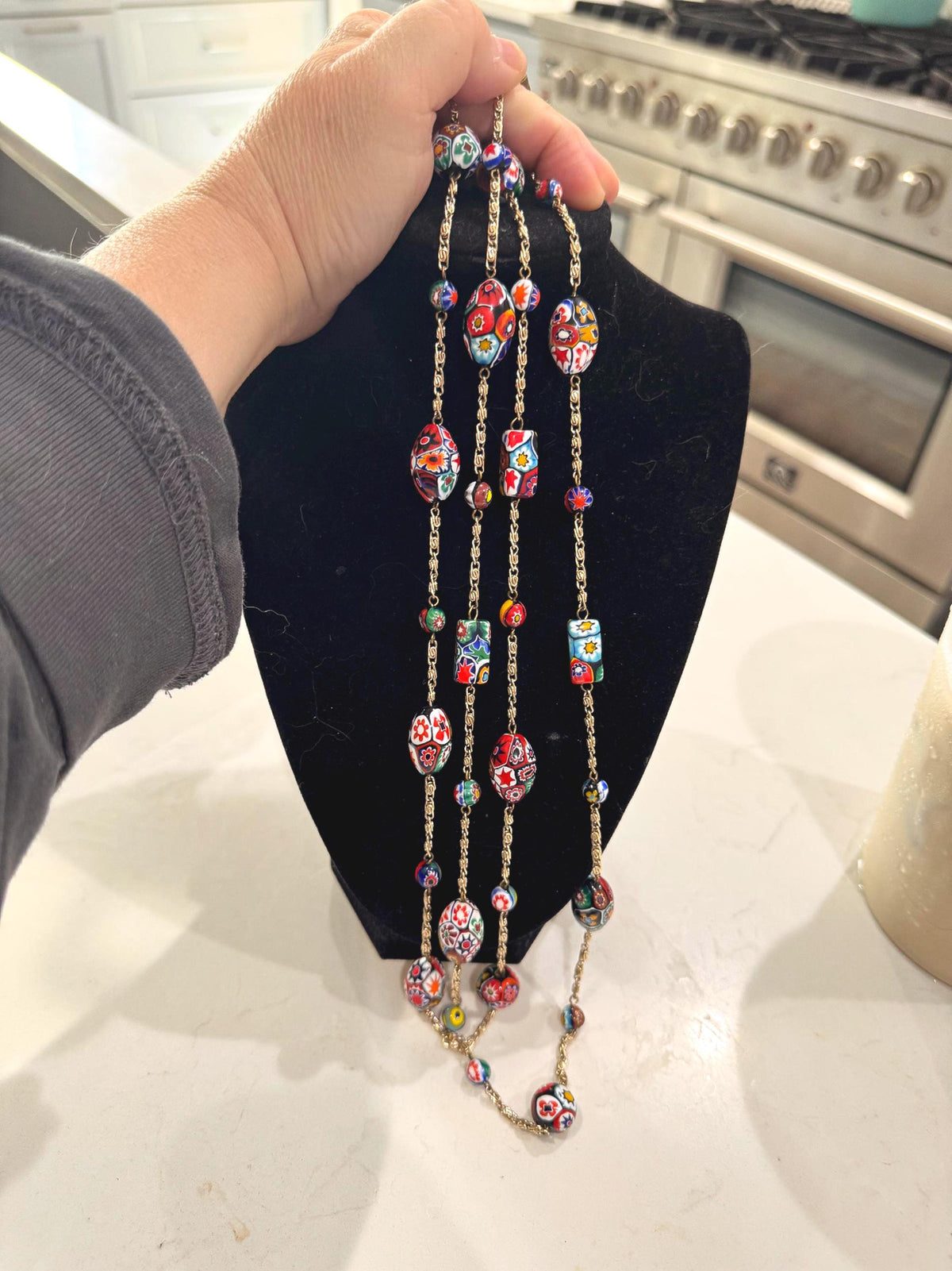 Vintage Ercole Moretti Extra Long Necklace on Gold Tone Chain