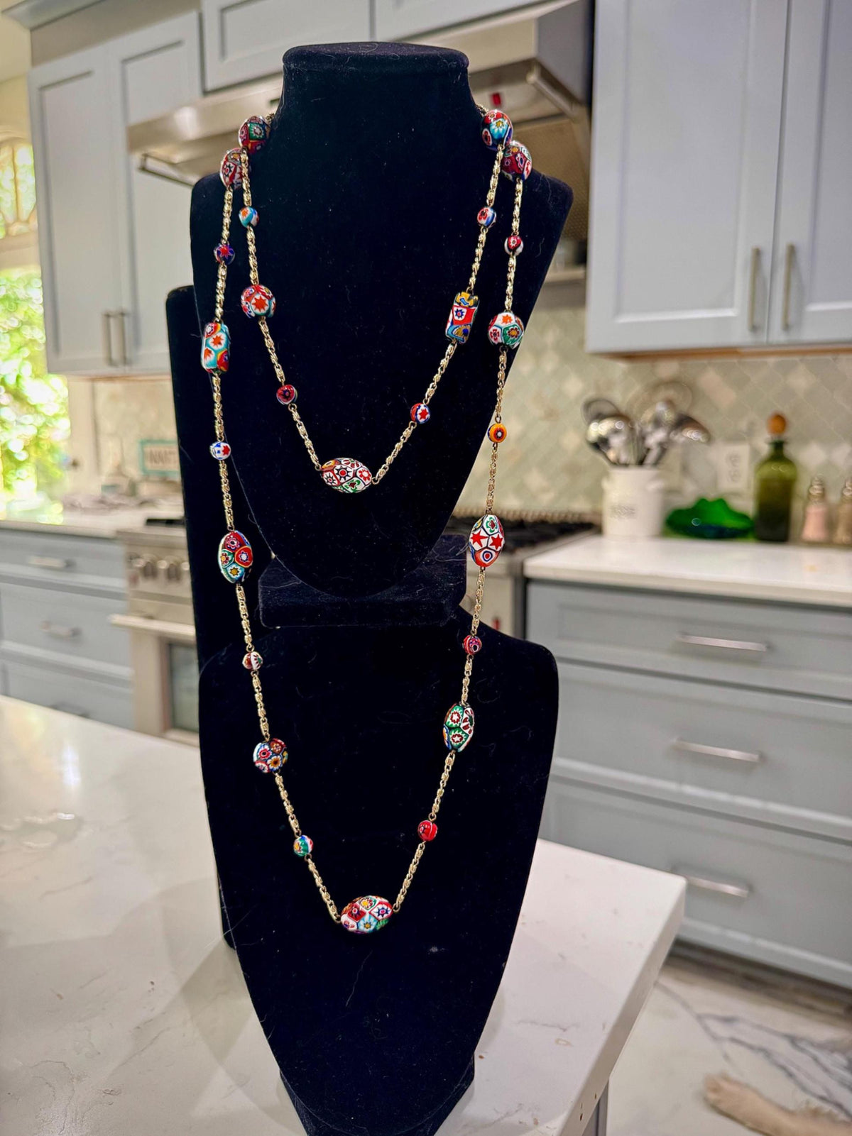 Vintage Ercole Moretti Extra Long Necklace on Gold Tone Chain