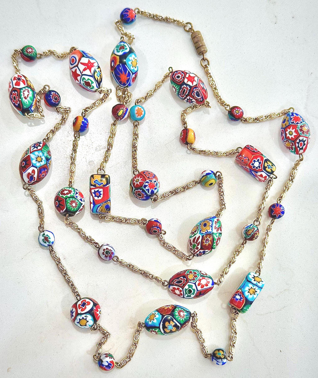 Vintage Ercole Moretti Extra Long Necklace on Gold Tone Chain