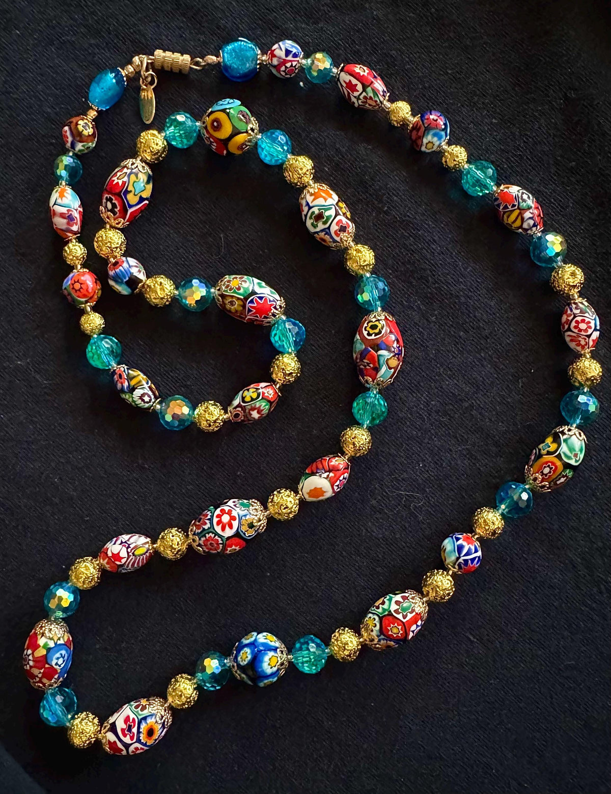 Millefiori Murano Glass Necklace: Ercole Moretti Vintage Beads, Aqua Swarovski Crystals