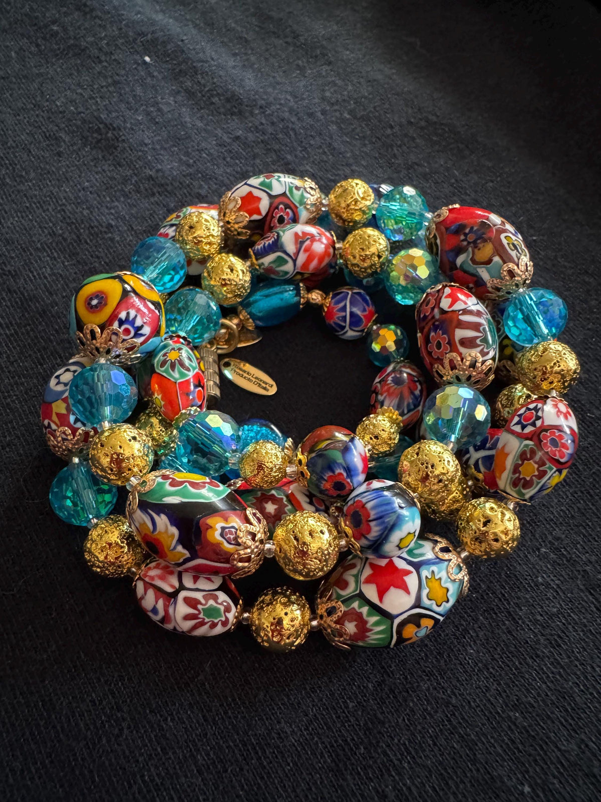 Millefiori Murano Glass Necklace: Ercole Moretti Vintage Beads, Aqua Swarovski Crystals