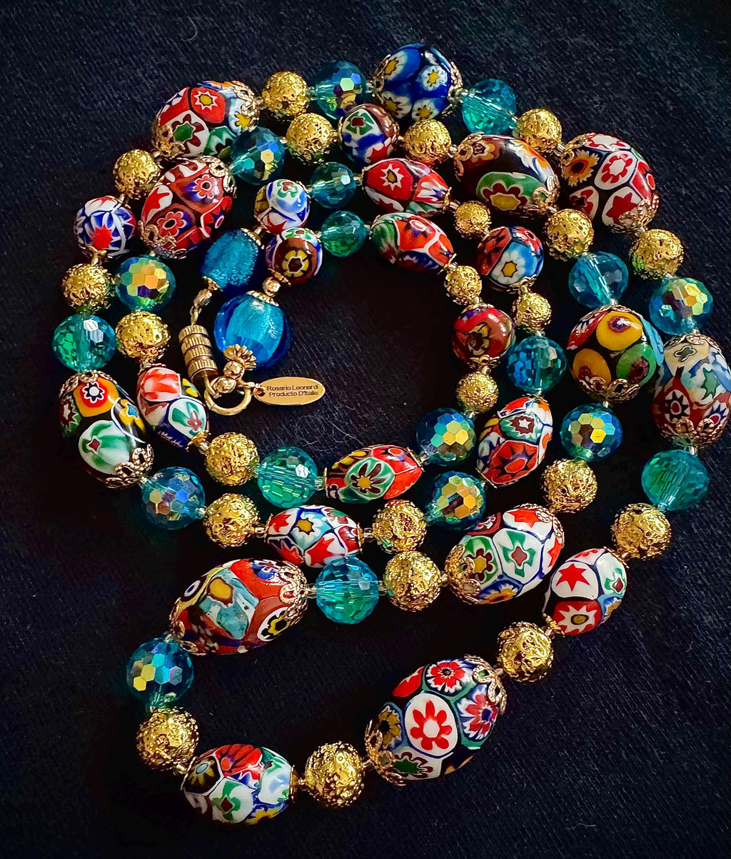 Millefiori Murano Glass Necklace: Ercole Moretti Vintage Beads, Aqua Swarovski Crystals