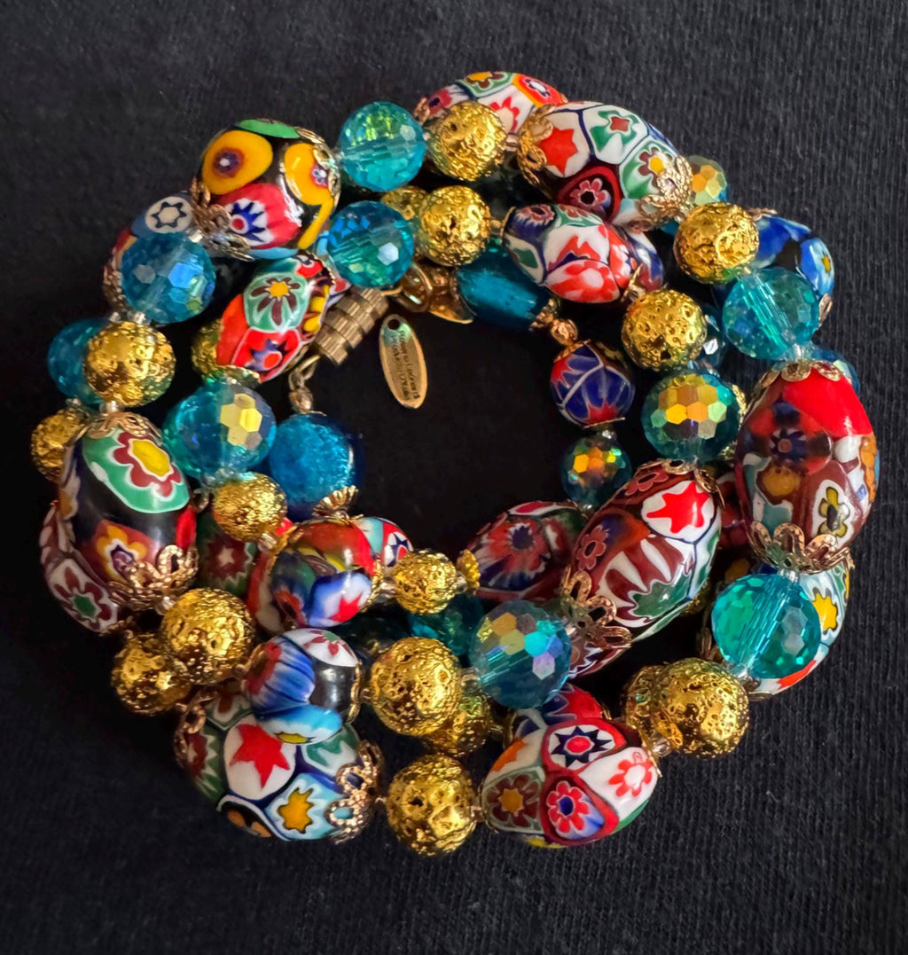 Millefiori Murano Glass Necklace: Ercole Moretti Vintage Beads, Aqua Swarovski Crystals