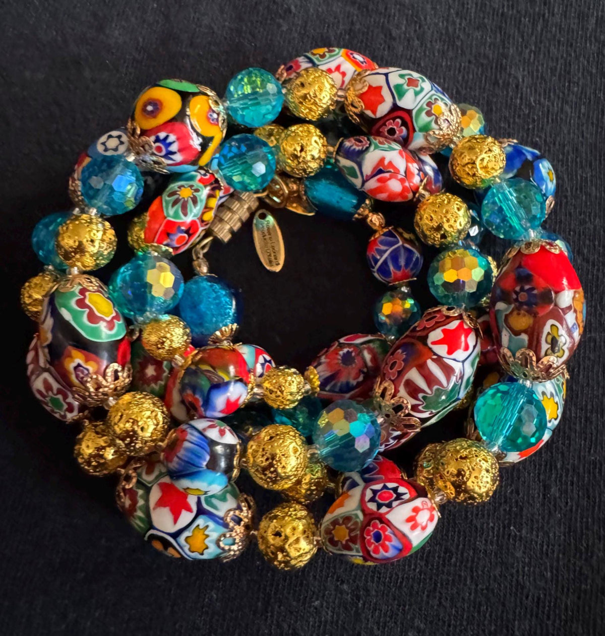 Millefiori Murano Glass Necklace: Ercole Moretti Vintage Beads, Aqua Swarovski Crystals