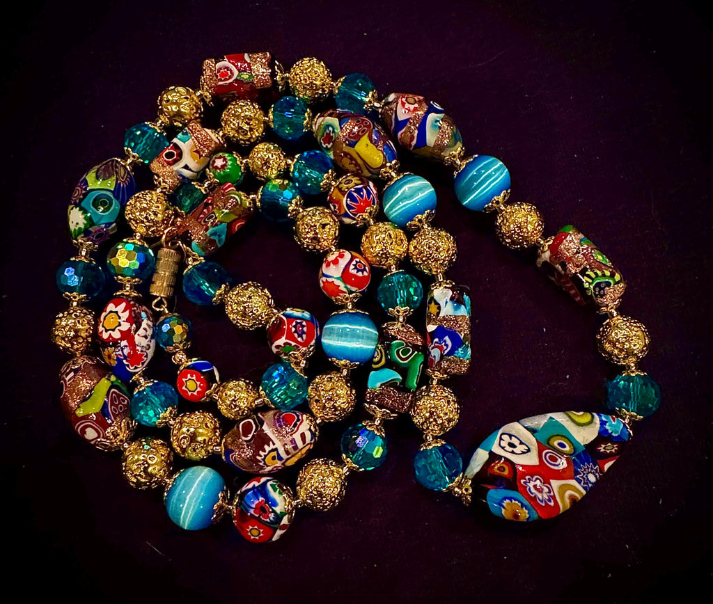 Rosario Leonardi Millefiori Murano Italian Necklace Featuring Aventurine Millefiori Glass Beads
