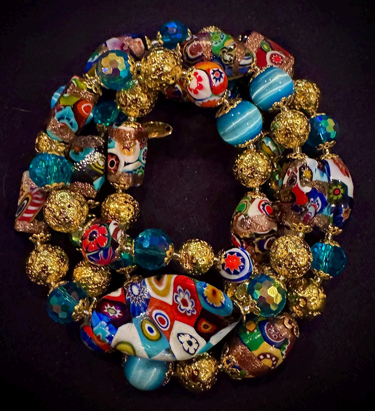 Rosario Leonardi Millefiori Murano Italian Necklace Featuring Aventurine Millefiori Glass Beads