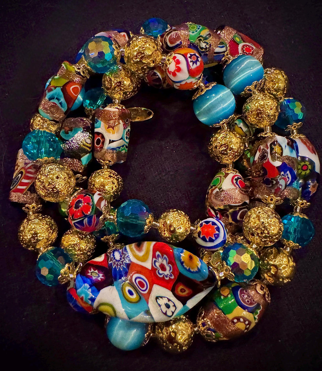 Rosario Leonardi Millefiori Murano Italian Necklace Featuring Aventurine Millefiori Glass Beads