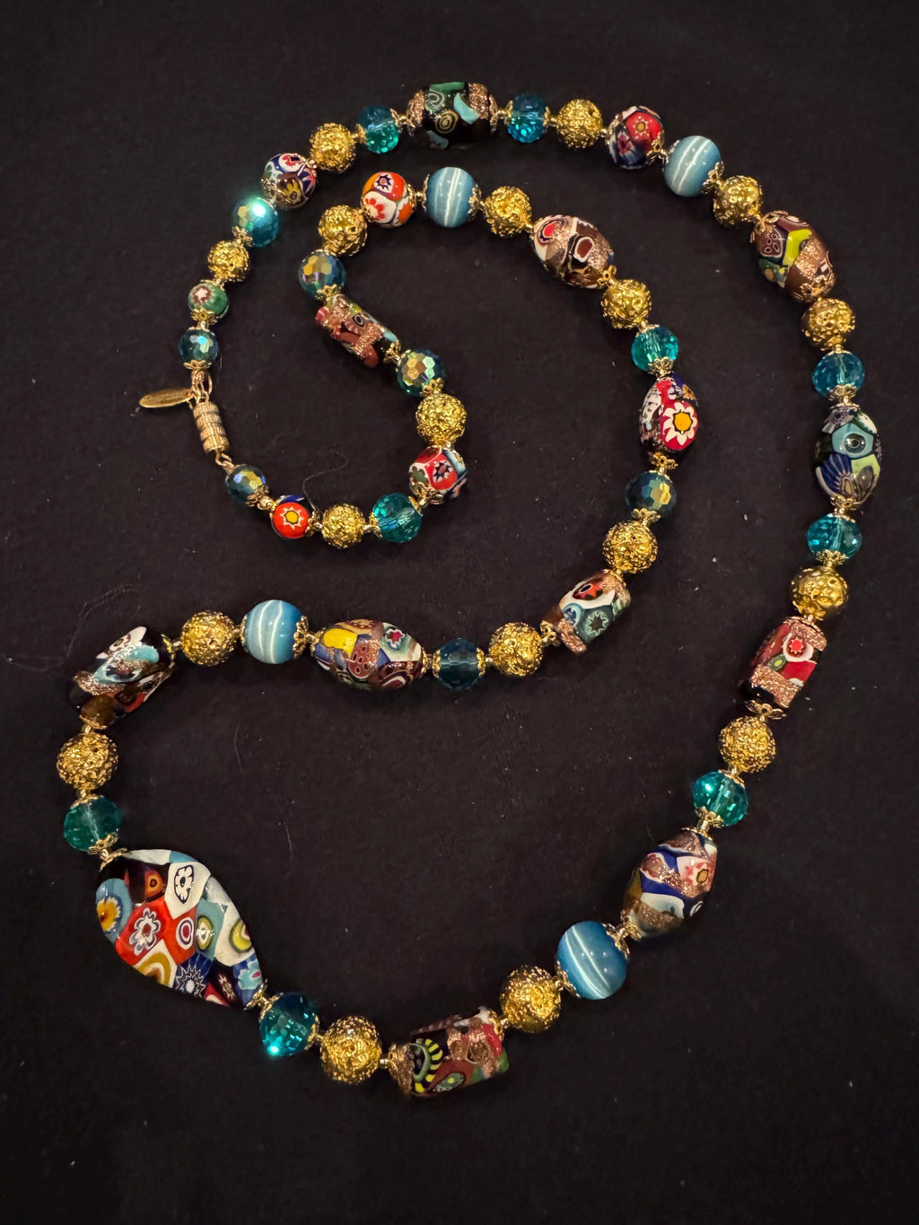 Rosario Leonardi Millefiori Murano Italian Necklace Featuring Aventurine Millefiori Glass Beads