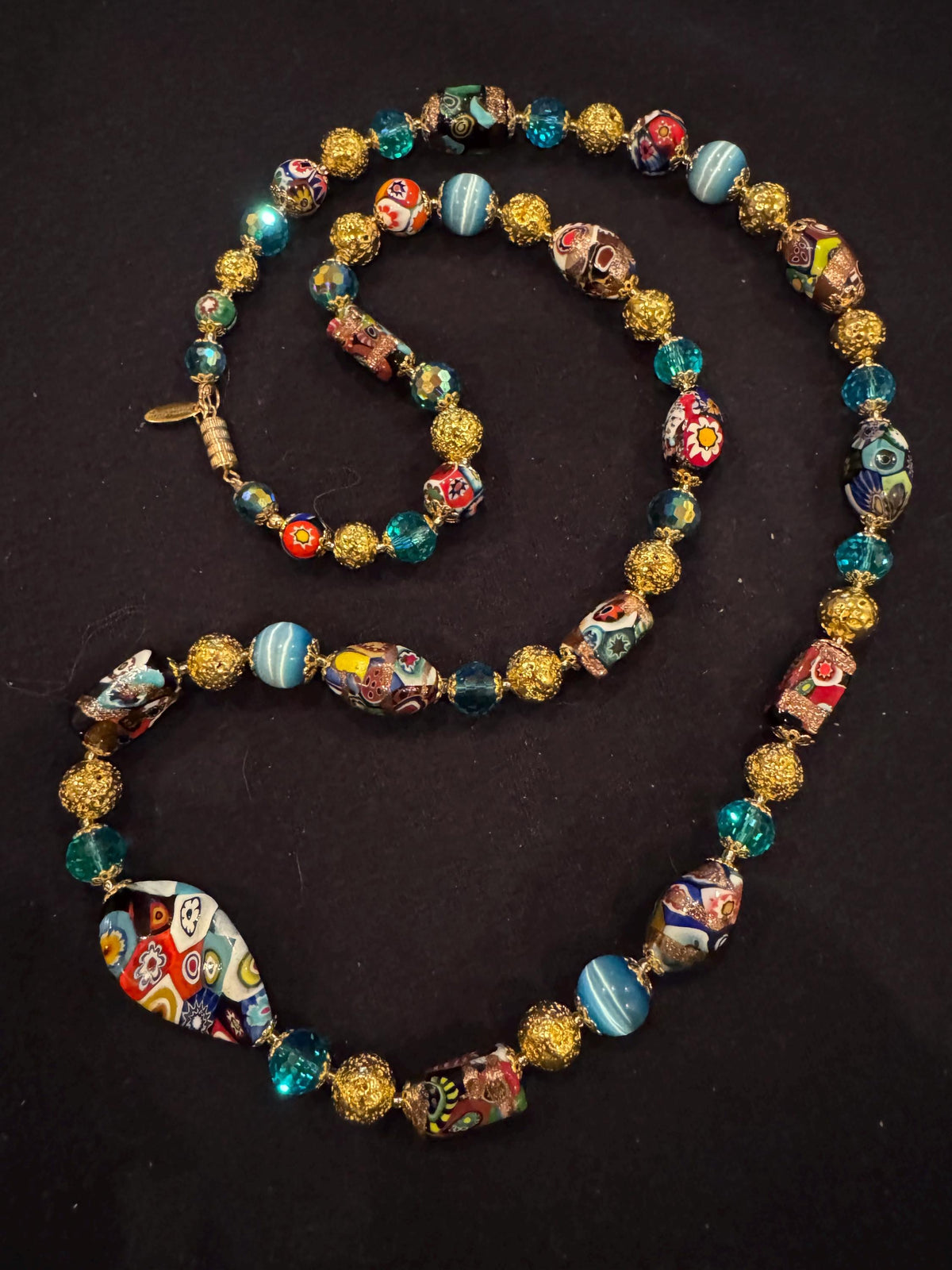 Rosario Leonardi Millefiori Murano Italian Necklace Featuring Aventurine Millefiori Glass Beads