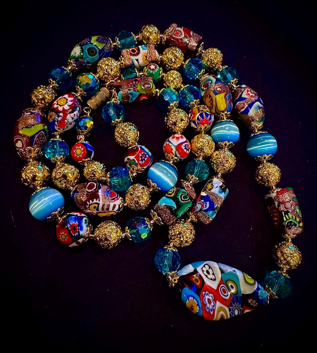 Rosario Leonardi Millefiori Murano Italian Necklace Featuring Aventurine Millefiori Glass Beads