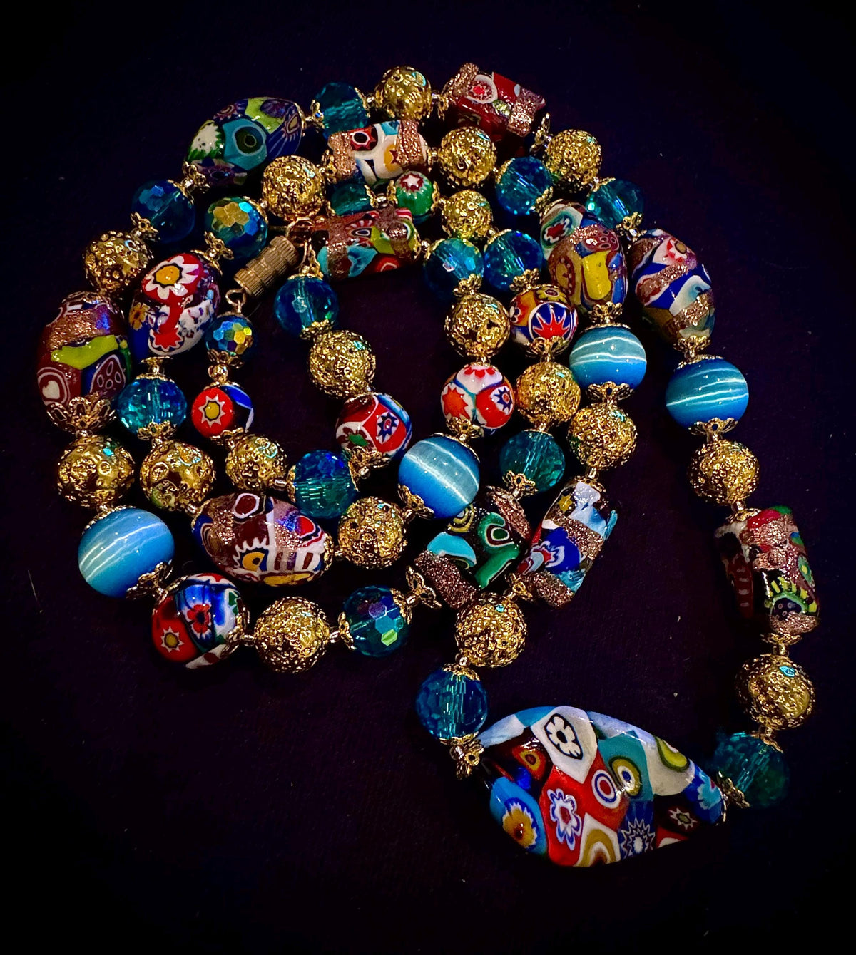 Rosario Leonardi Millefiori Murano Italian Necklace Featuring Aventurine Millefiori Glass Beads