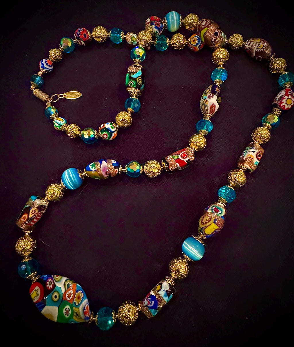 Rosario Leonardi Millefiori Murano Italian Necklace Featuring Aventurine Millefiori Glass Beads