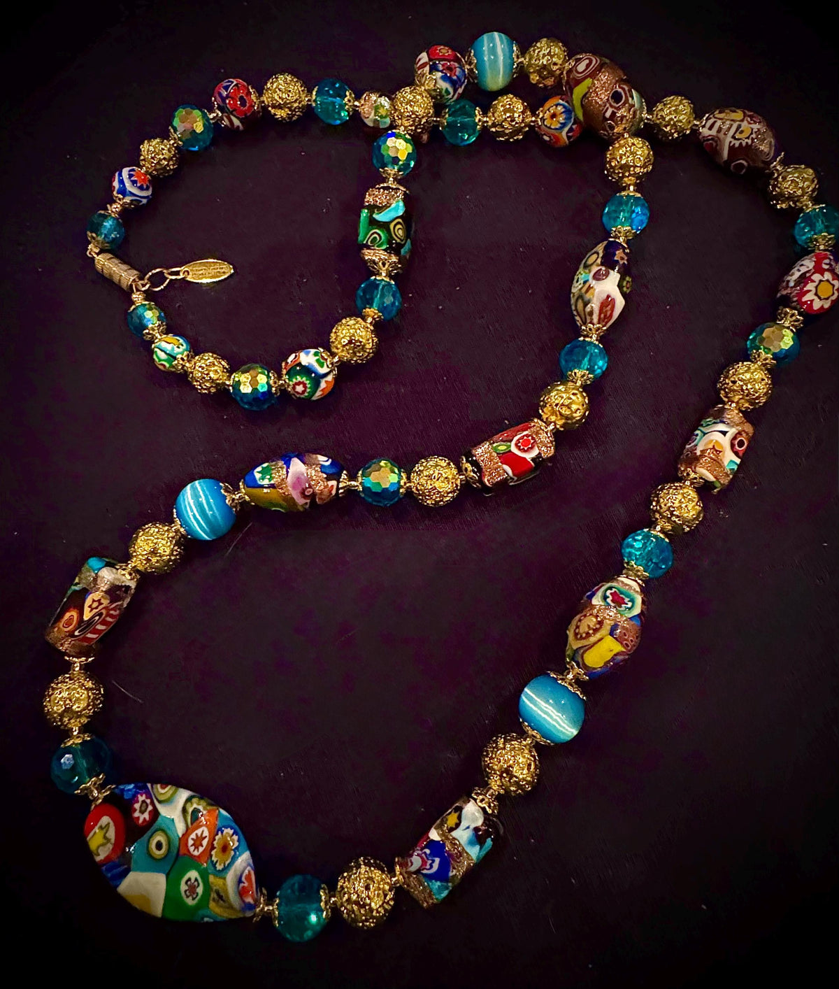 Rosario Leonardi Millefiori Murano Italian Necklace Featuring Aventurine Millefiori Glass Beads