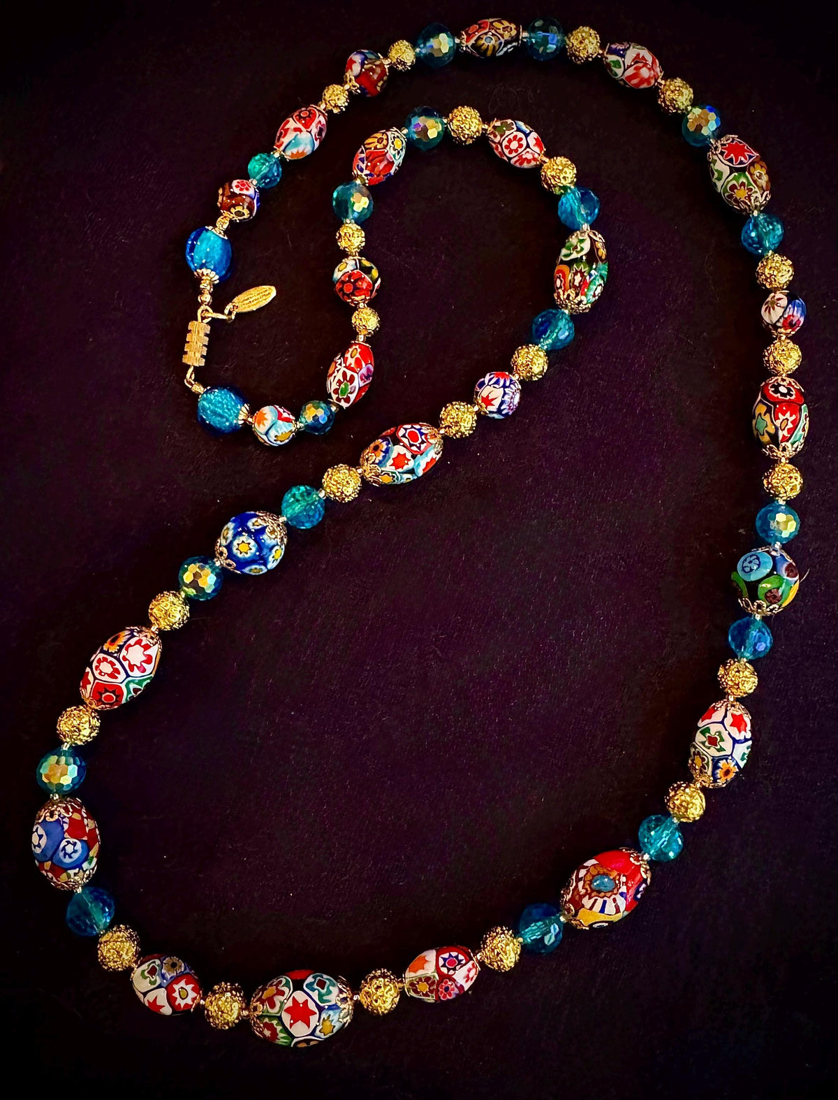 Vintage Murano Millefiori Glass Necklace: Ercole Moretti Beads, Aqua Rosario Leonardi
