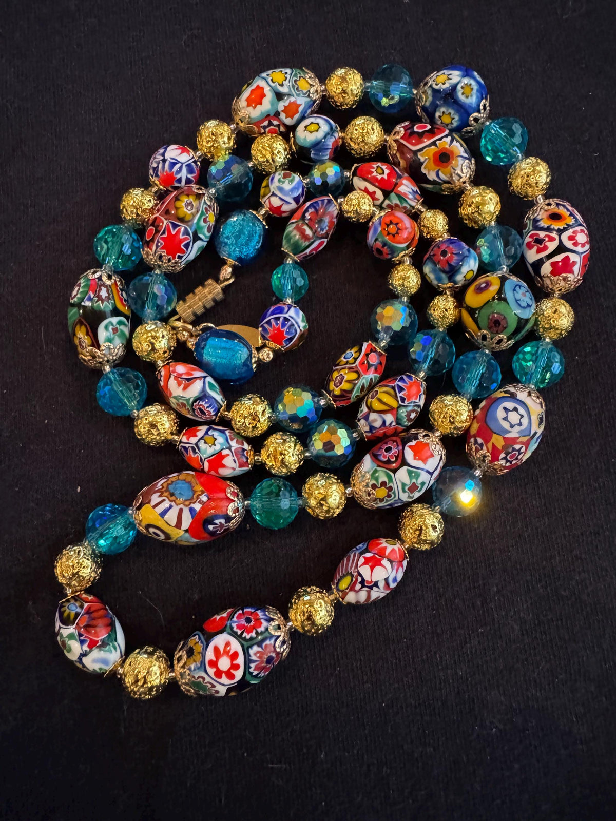 Vintage Murano Millefiori Glass Necklace: Ercole Moretti Beads, Aqua Rosario Leonardi
