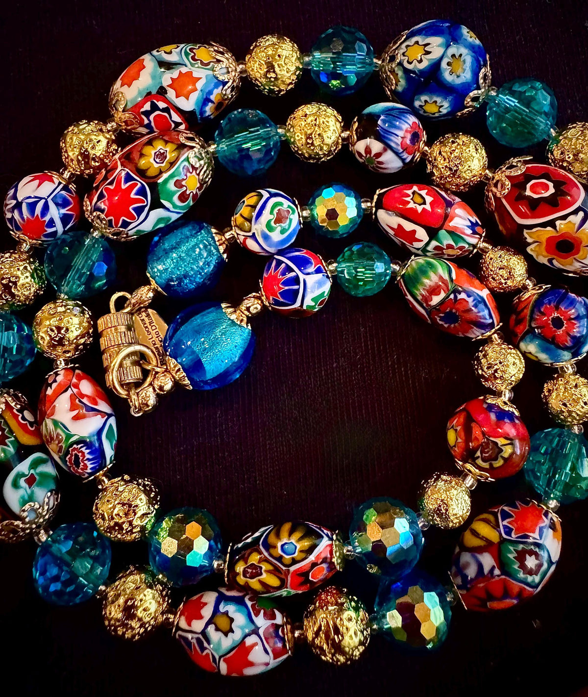 Vintage Murano Millefiori Glass Necklace: Ercole Moretti Beads, Aqua Rosario Leonardi