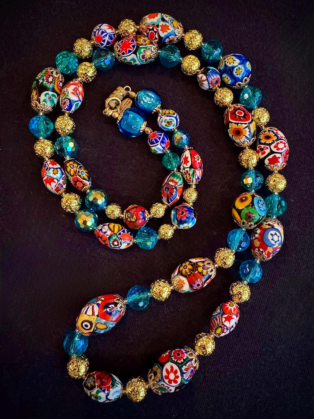 Vintage Murano Millefiori Glass Necklace: Ercole Moretti Beads, Aqua Rosario Leonardi