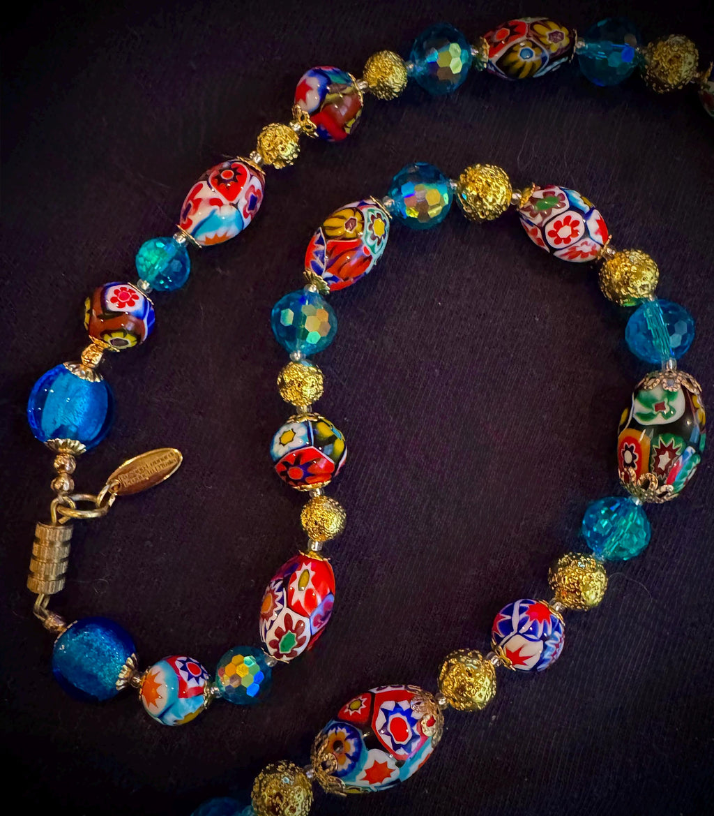 Vintage Murano Millefiori Glass Necklace: Ercole Moretti Beads, Aqua Rosario Leonardi