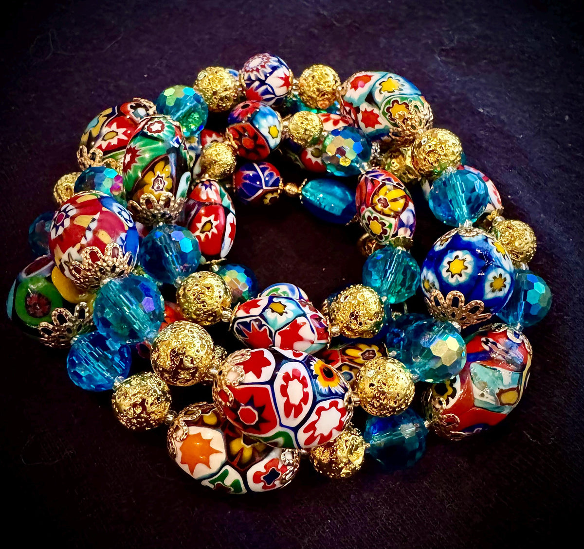 Vintage Murano Millefiori Glass Necklace: Ercole Moretti Beads, Aqua Rosario Leonardi