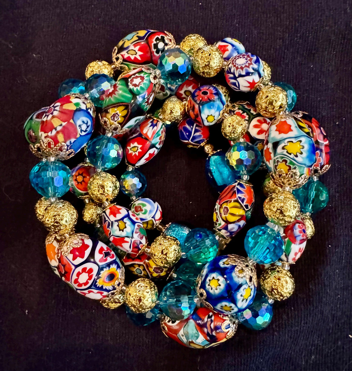 Vintage Murano Millefiori Glass Necklace: Ercole Moretti Beads, Aqua Rosario Leonardi