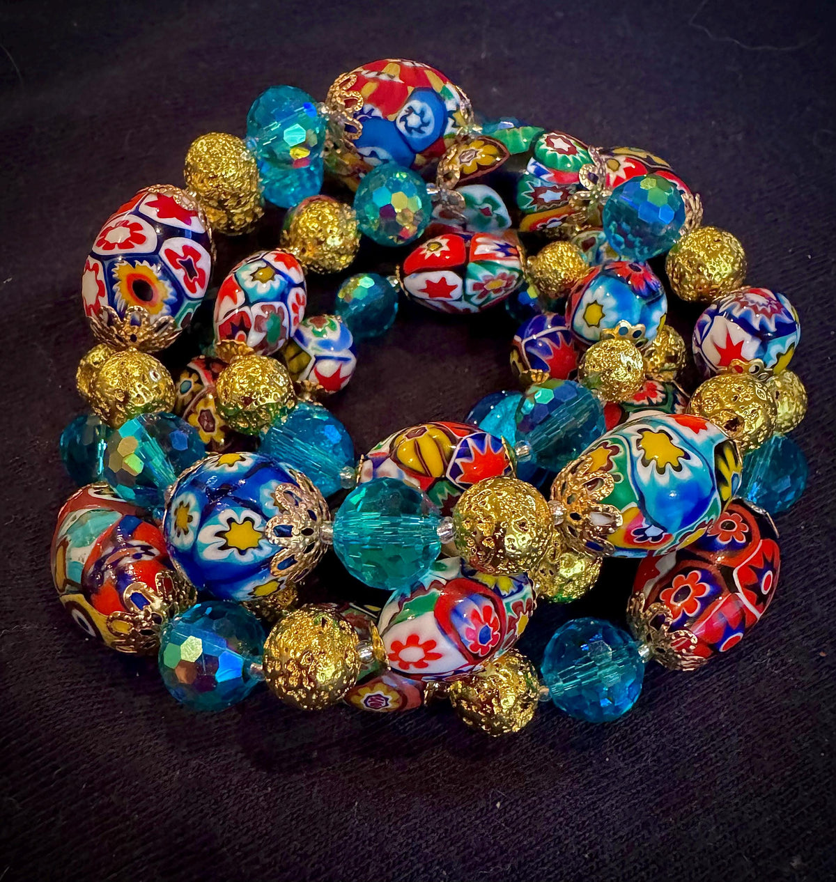 Vintage Murano Millefiori Glass Necklace: Ercole Moretti Beads, Aqua Rosario Leonardi