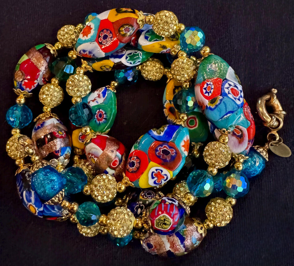 Rosario Leonardi Aqua Vintage Flat Oval “Snowshoe Millefiori” Beaded 34” Necklace
