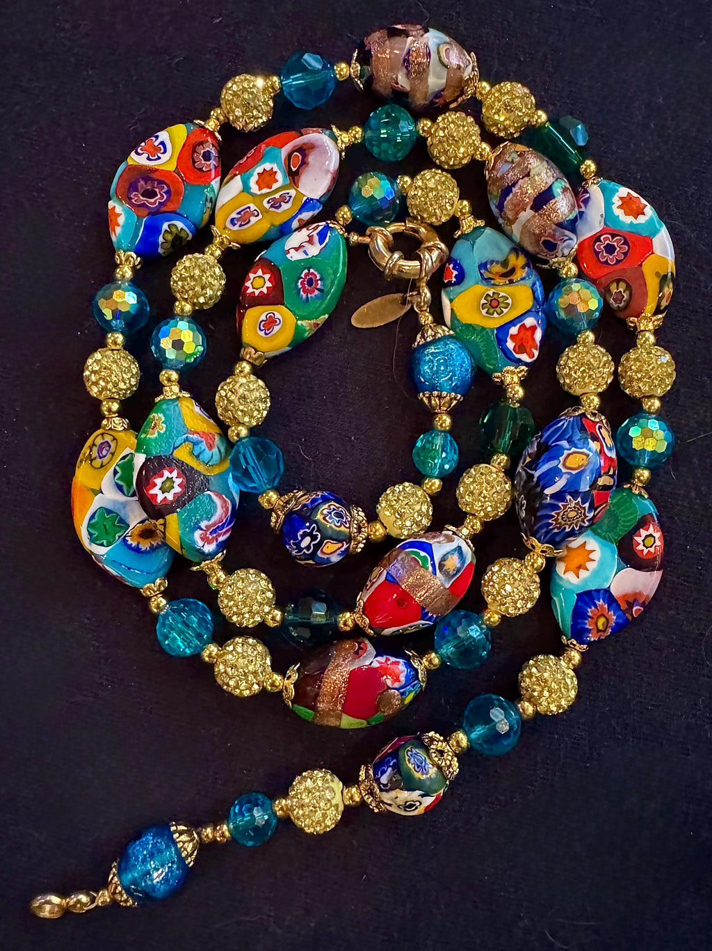 Rosario Leonardi Aqua Vintage Flat Oval “Snowshoe Millefiori” Beaded 34” Necklace