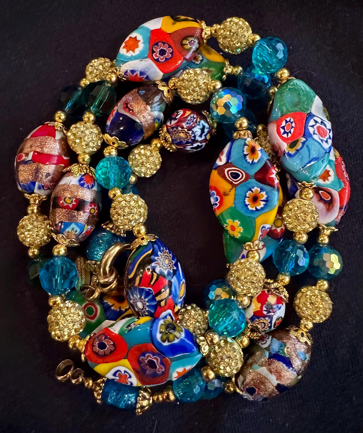 Rosario Leonardi Aqua Vintage Flat Oval “Snowshoe Millefiori” Beaded 34” Necklace