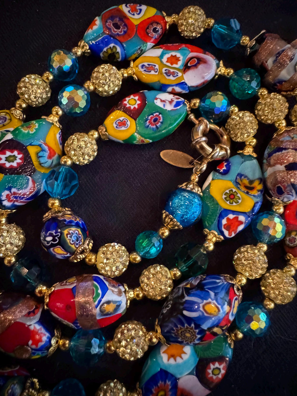 Rosario Leonardi Aqua Vintage Flat Oval “Snowshoe Millefiori” Beaded 34” Necklace