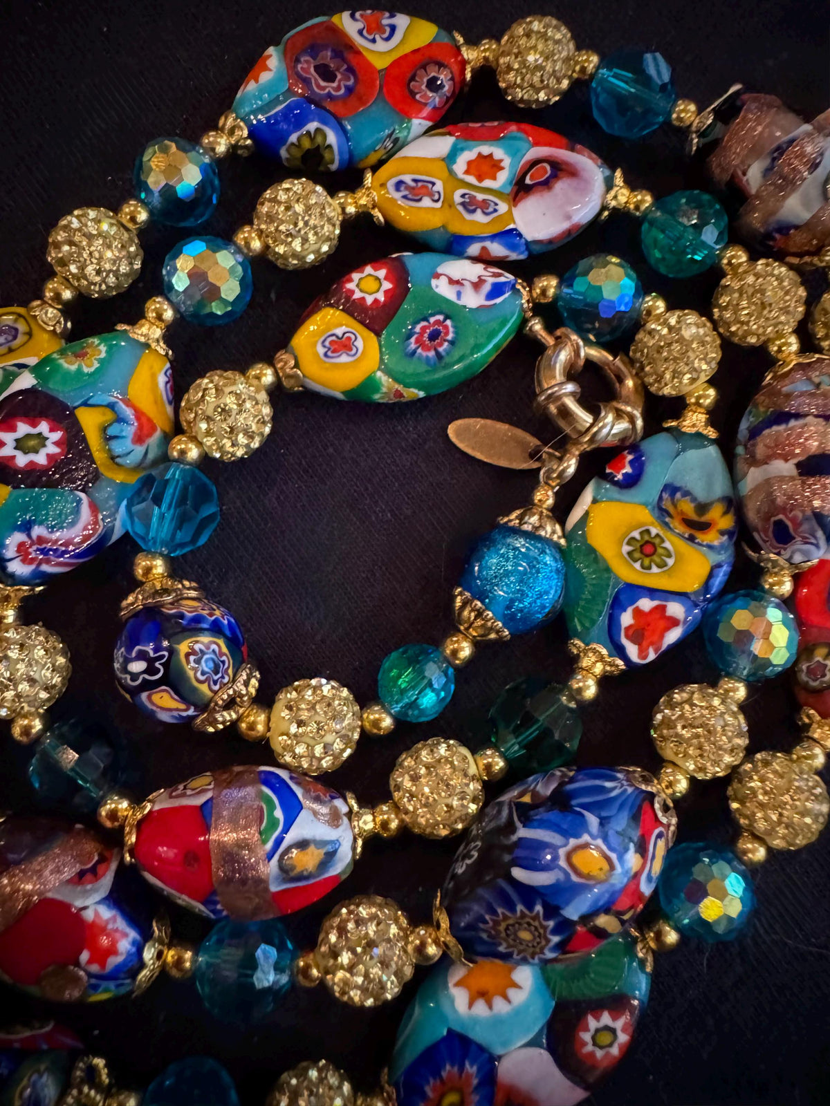 Rosario Leonardi Aqua Vintage Flat Oval “Snowshoe Millefiori” Beaded 34” Necklace