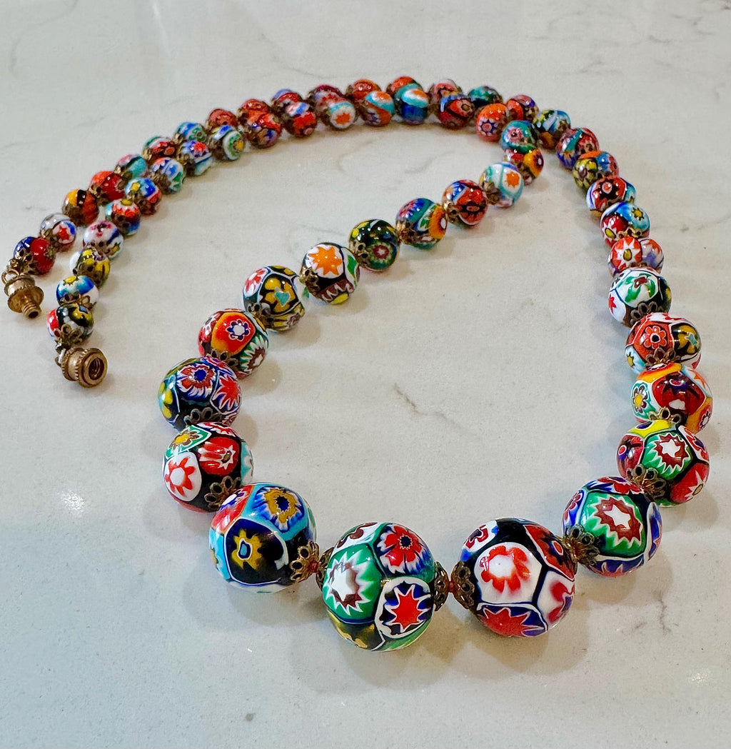 Vintage Ercole Moretti Graduated Round Millefiori Murano Glass Beaded Necklace, 27"
