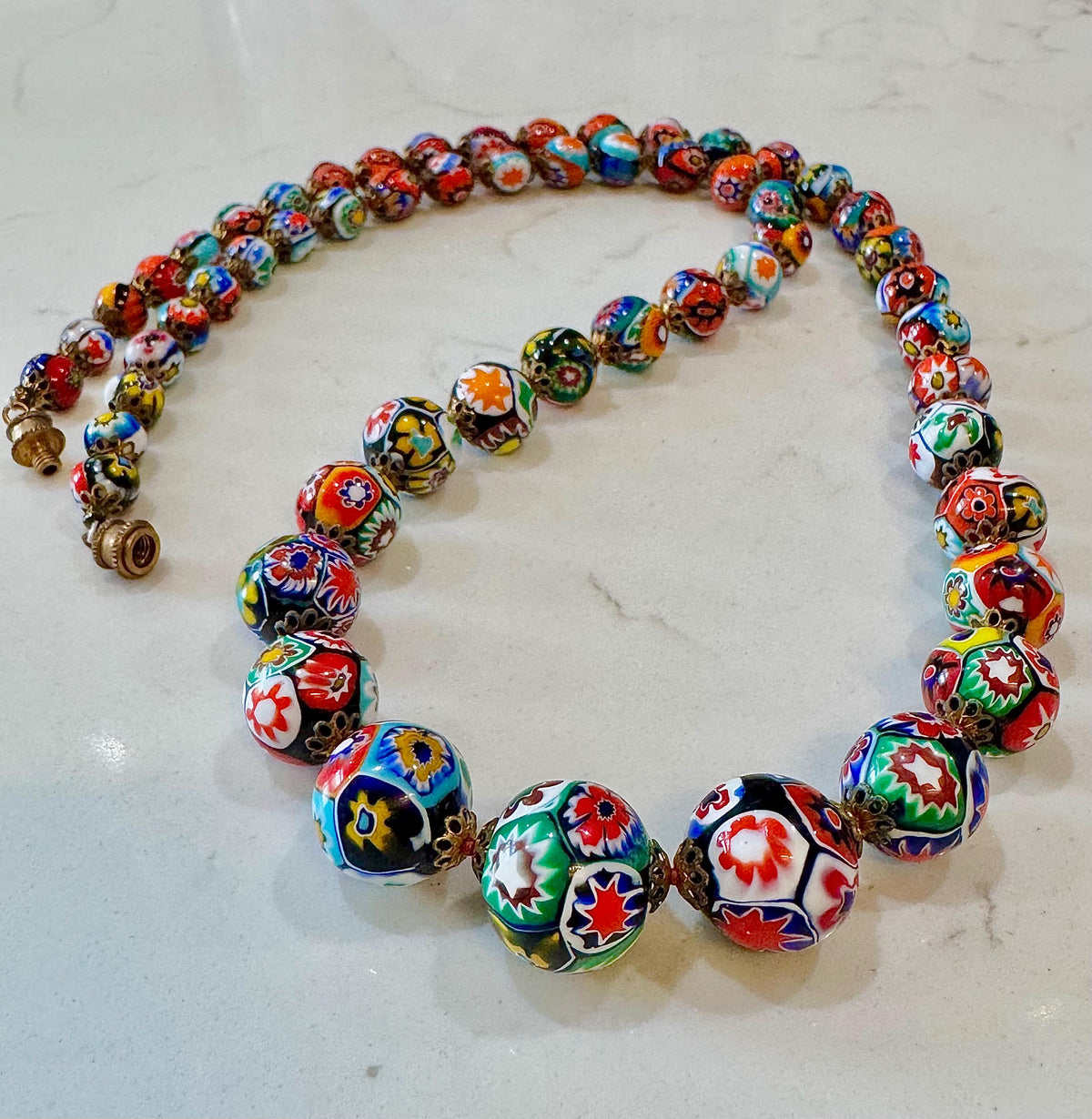 Vintage Ercole Moretti Graduated Round Millefiori Murano Glass Beaded Necklace, 27"