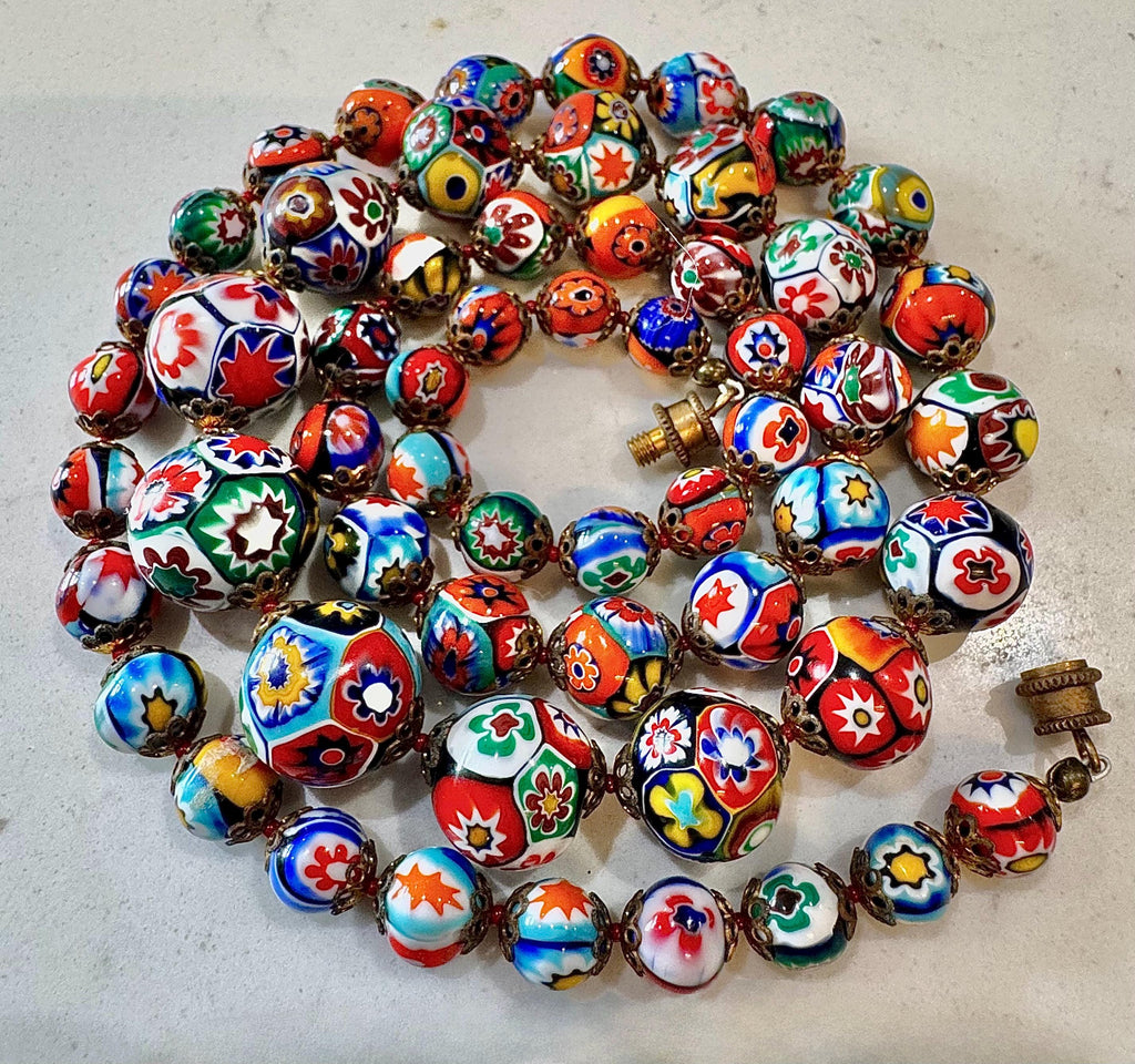 Vintage Ercole Moretti Graduated Round Millefiori Murano Glass Beaded Necklace, 27"