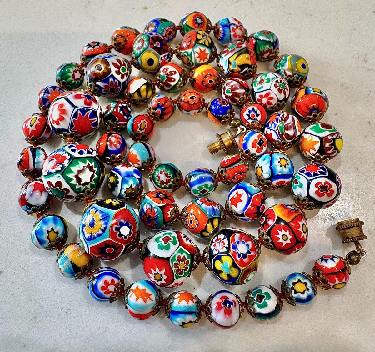 Vintage Ercole Moretti Graduated Round Millefiori Murano Glass Beaded Necklace, 27"
