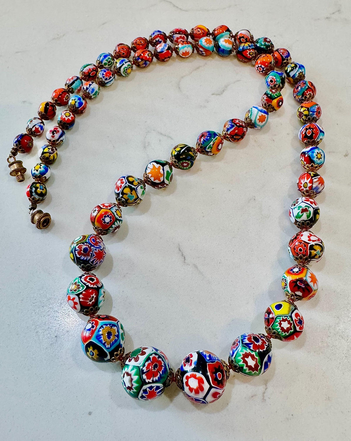 Vintage Ercole Moretti Graduated Round Millefiori Murano Glass Beaded Necklace, 27"