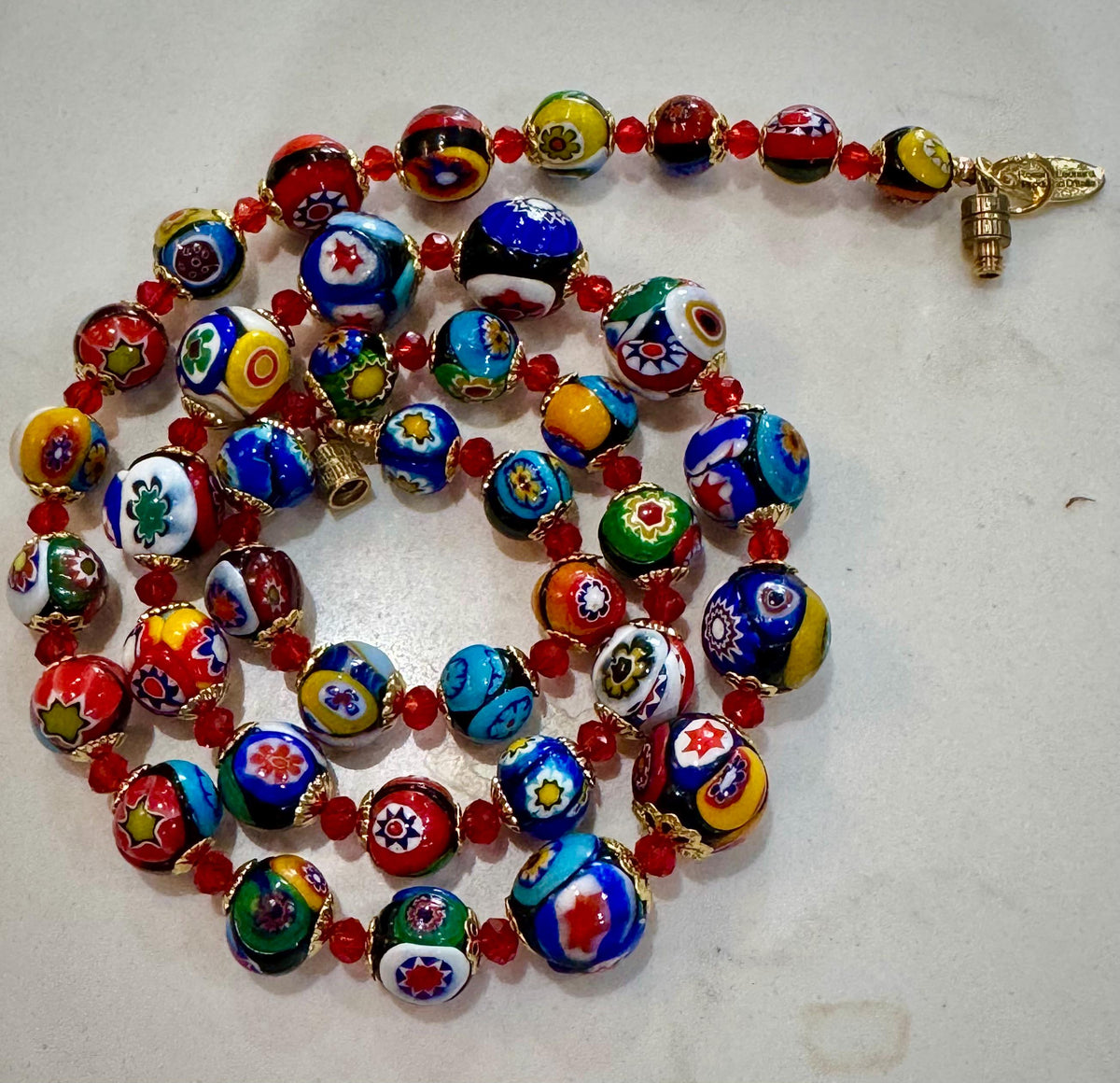 Vintage Murano Millefiori Glass Necklace: Rainbow Red Graduated Beads